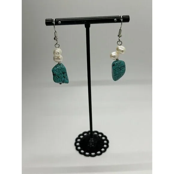 Fresh Water Pearl & Turquoise Colored Gemstone Necklace Bracelet Earring Set - Picture 5 of 6